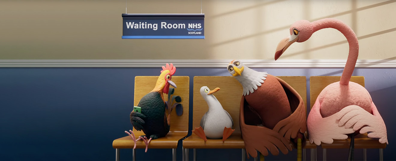 Various birds sitting in a waiting room