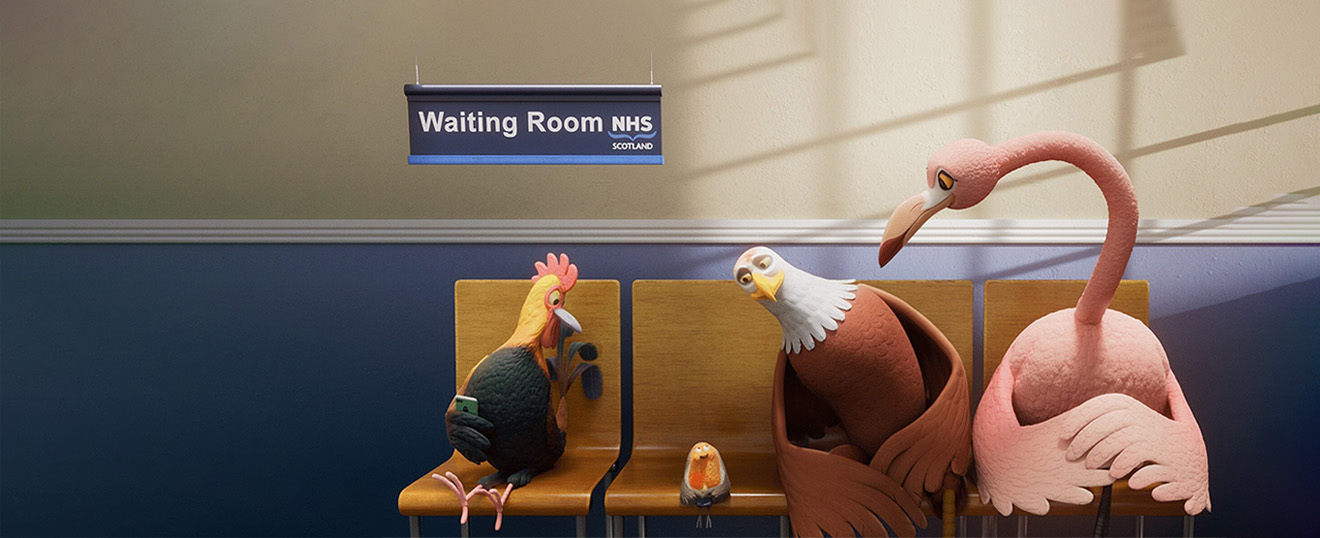 GP waiting room with cockerel, robin, eagle, and flamingo sitting on bench